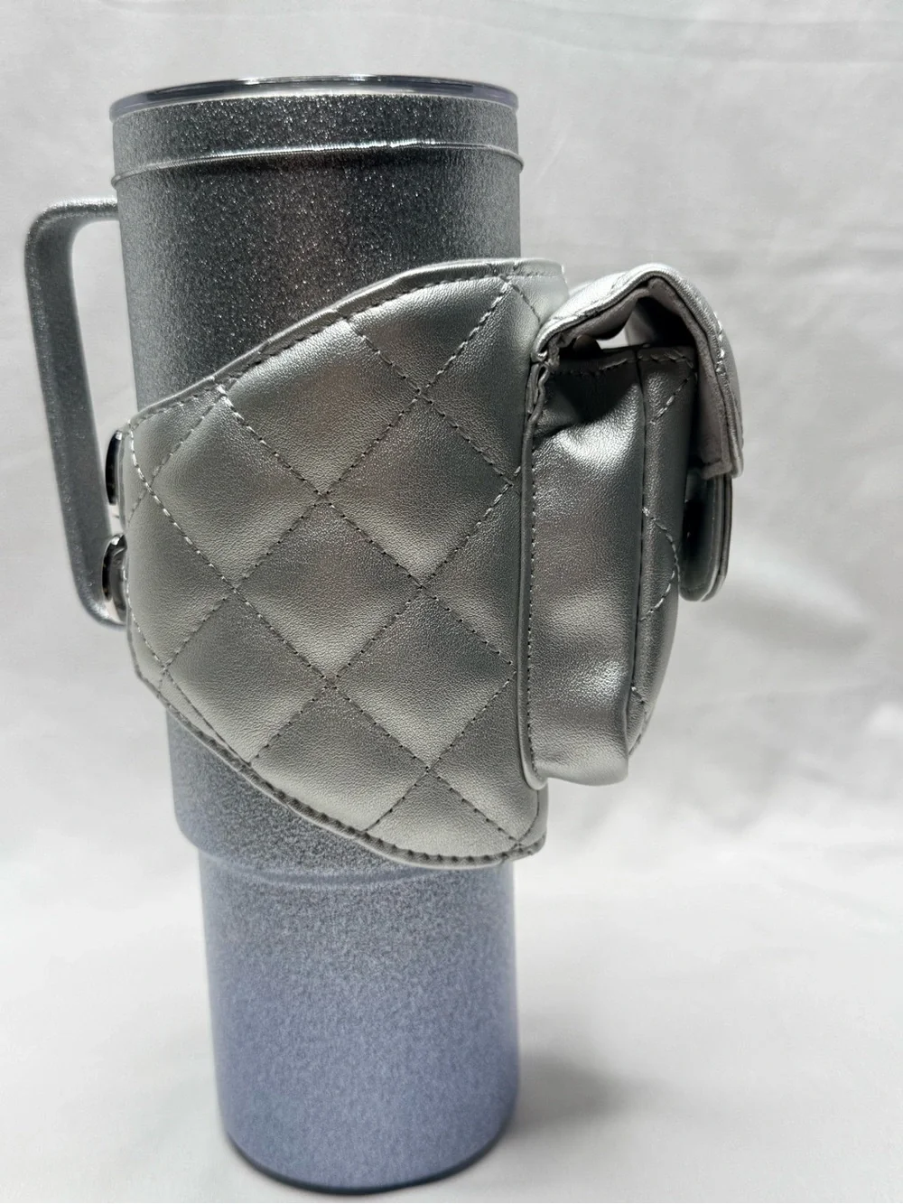 Starbucks Silver Glitter Tumbler with Quilted Pouch & Beaded Charm 16 oz New NWT